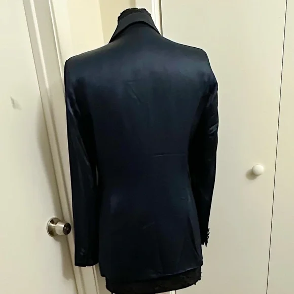 House Of Harlow 1960 Navy Blue Satin Double Long Sleeve Breasted Blazer